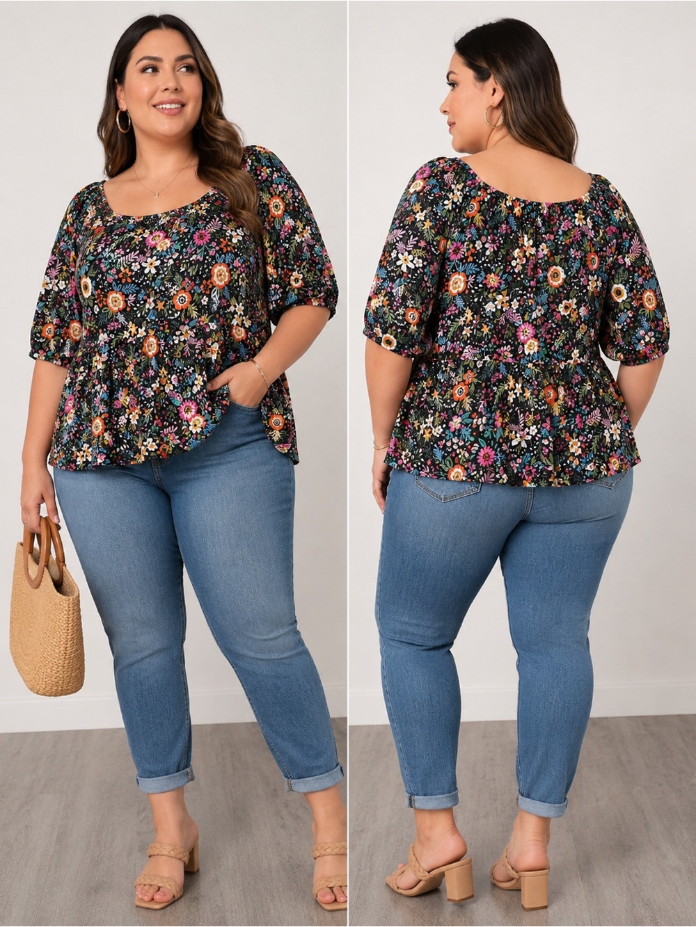 BloomChic Black Floral Peplum Blouse with Multicolor Blooms